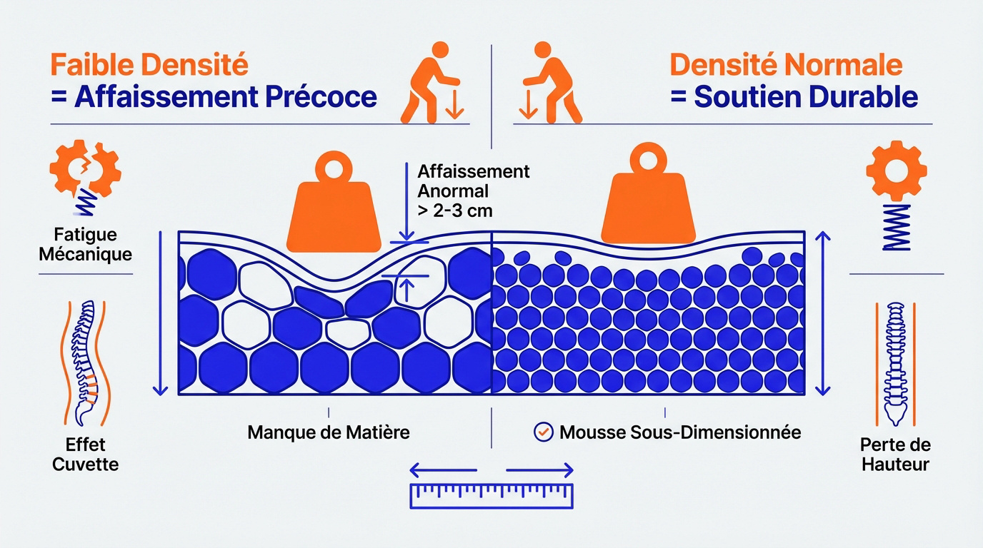 Densité mousse matelas : affaissement vs soutien durable Infographie comparant la mousse de matelas à faible et normale densité, montrant l'affaissement précoce et le soutien durable.