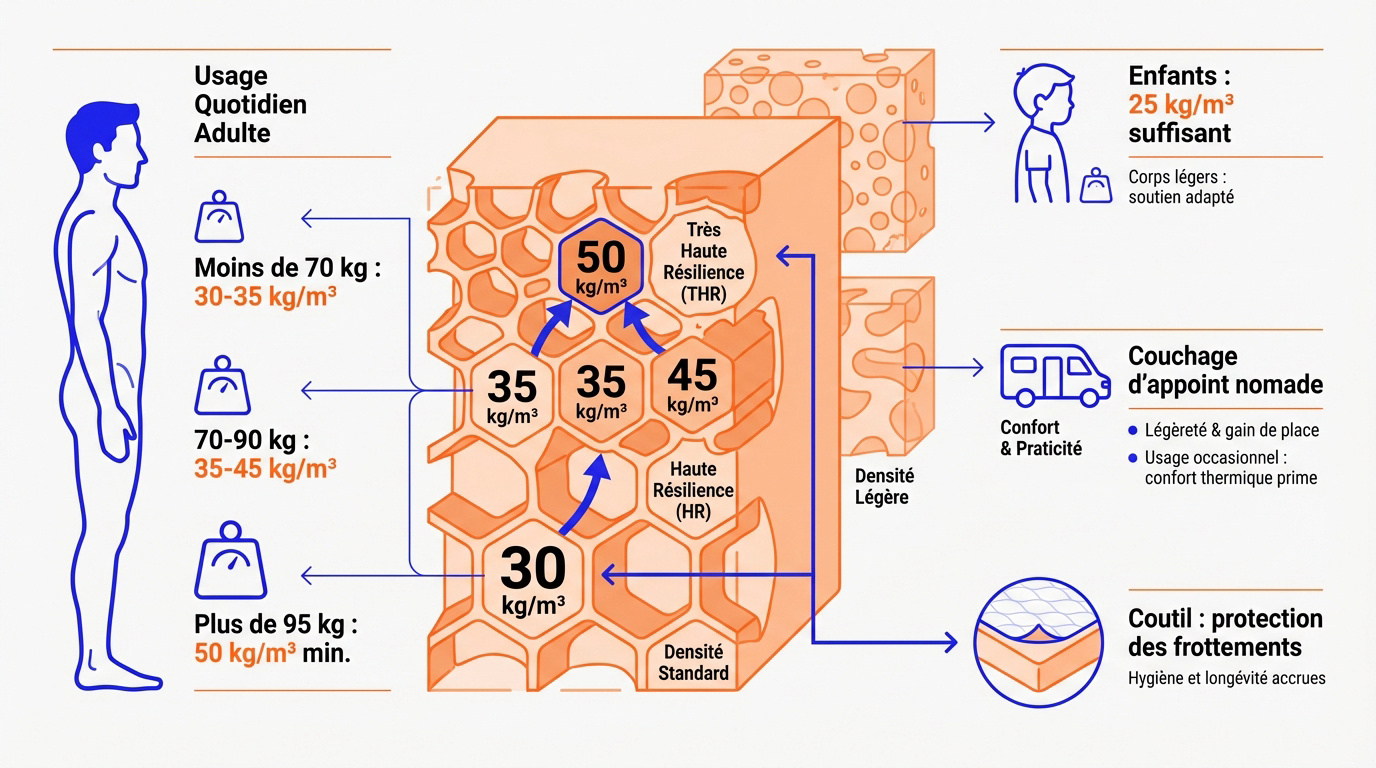Densité mousse matelas : choisir le bon soutien Infographie illustrant les densités de mousse de matelas recommandées pour adultes, enfants et usages spécifiques, avec des valeurs en kg/m³.