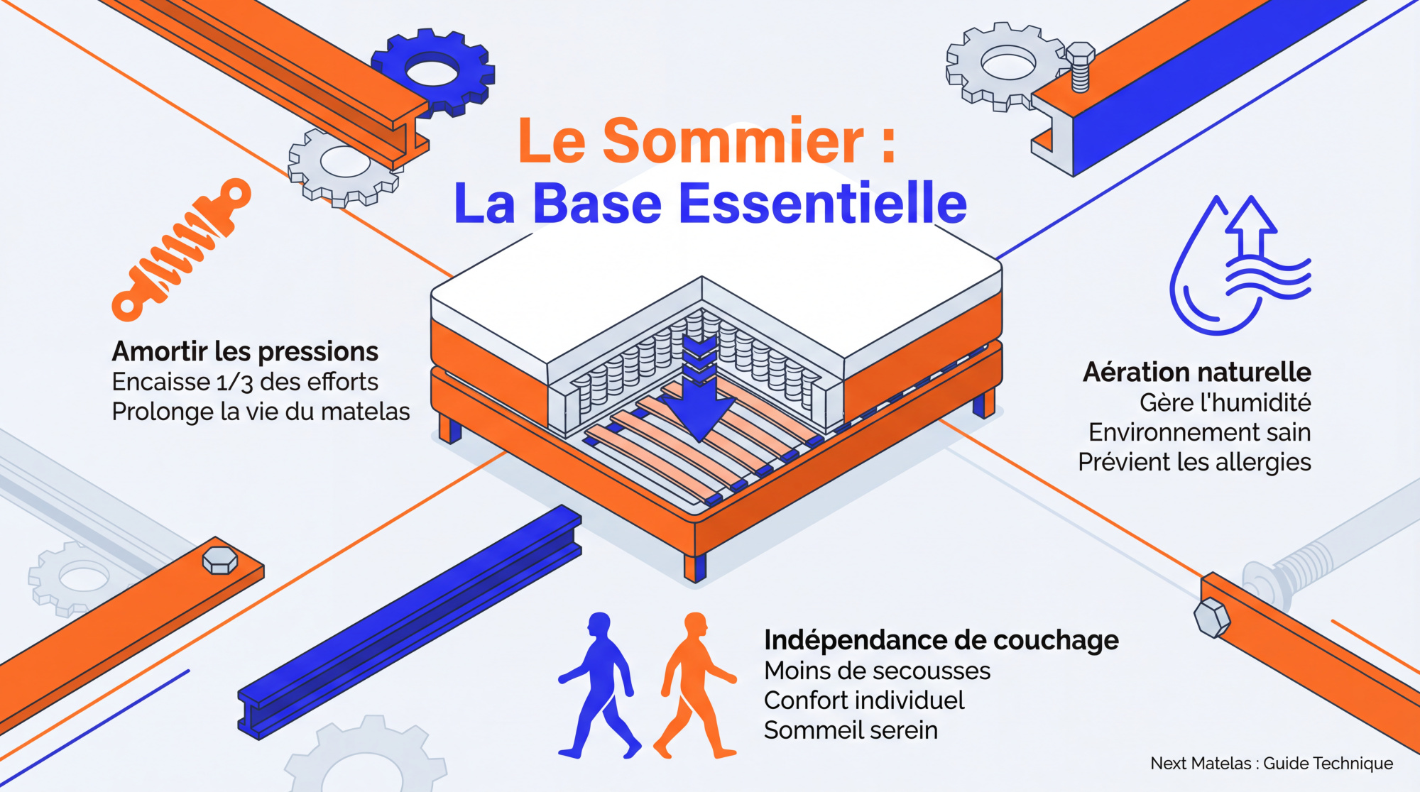 Le Sommier : La Base Essentielle pour un Matelas Optimal Infographie expliquant les fonctions essentielles d'un sommier : amortissement des pressions, aération et indépendance de couchage.