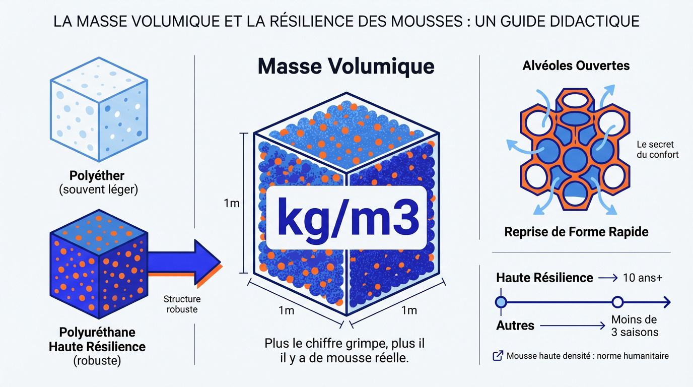 Densité et résilience des mousses de matelas expliquées Diagramme expliquant la masse volumique et la résilience des mousses. Détaille types de mousses, densité, structure alvéolaire et longévité.