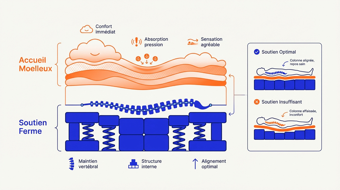 Matelas : accueil moelleux et soutien ferme pour votre dos Schéma d'un matelas expliquant l'accueil moelleux et le soutien ferme. Compare l'alignement optimal et insuffisant de la colonne.