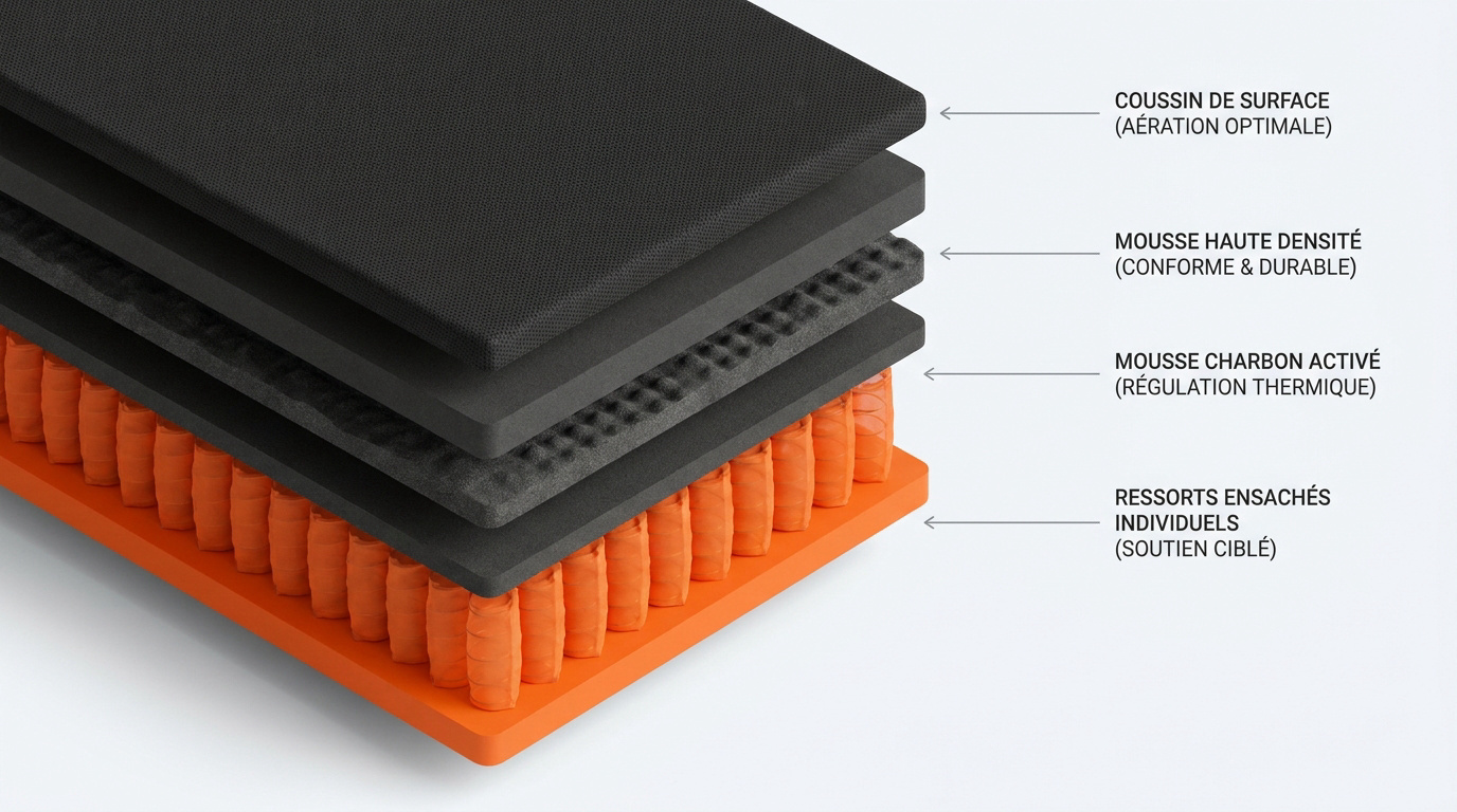 Vue éclatée de la composition d'un matelas hybride montrant les couches de mousse et les ressorts ensachés