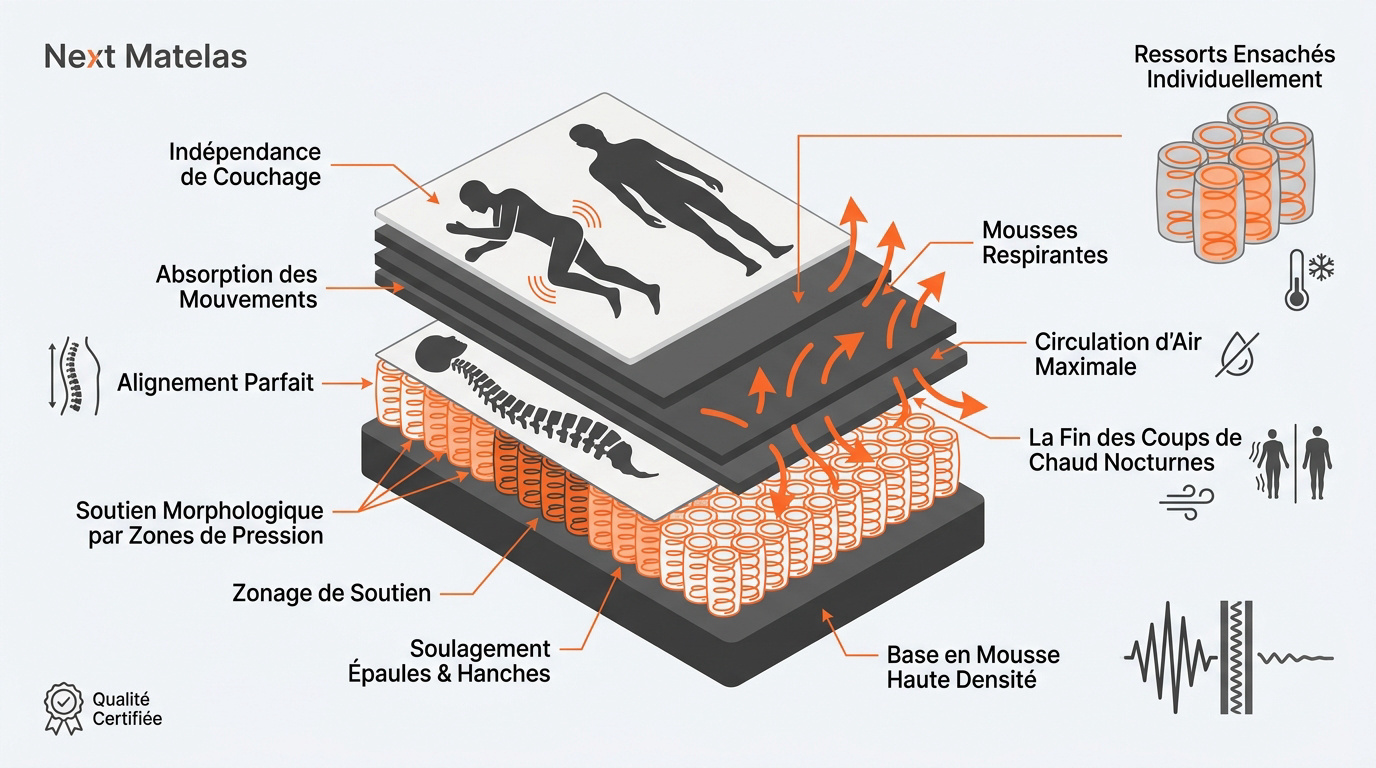Infographie expliquant la structure multicouche et les avantages d'un matelas hybride