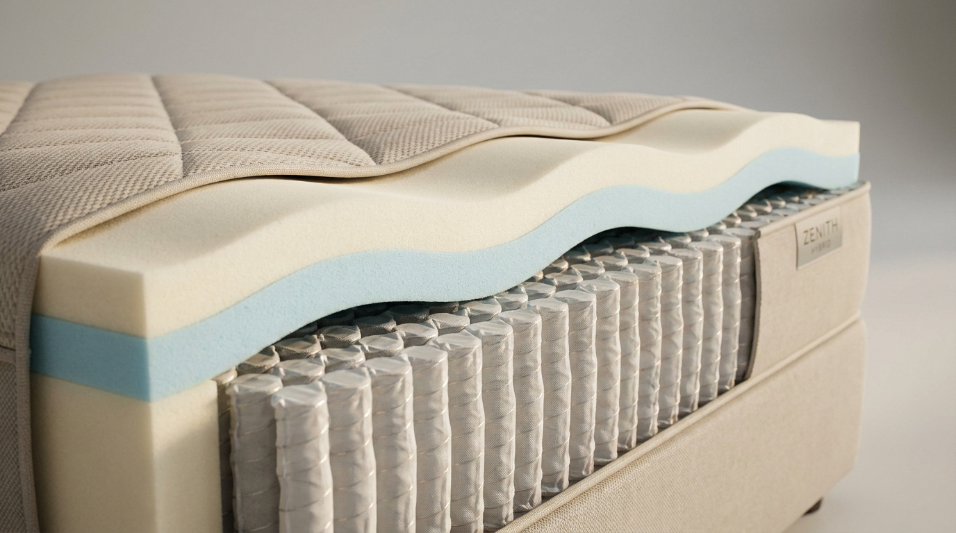 Coupe d'un matelas hybride montrant plusieurs couches de mousse et des ressorts ensachés.
